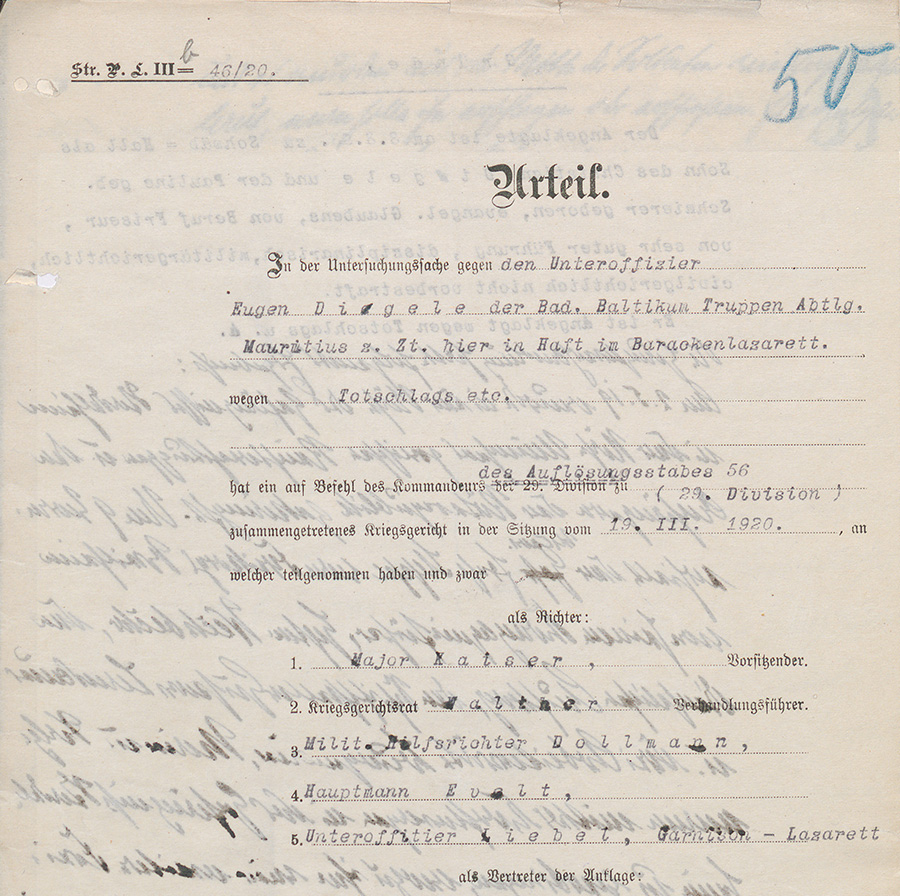Urteil gegen einen der Mörder Gustav Landauers, den Unteroffizier Eugen Digele, vom 19. März 1920, Vorlage: Landesarchiv BW, GLAK 456 F 10, Nr. 2520, Bl. 50r 