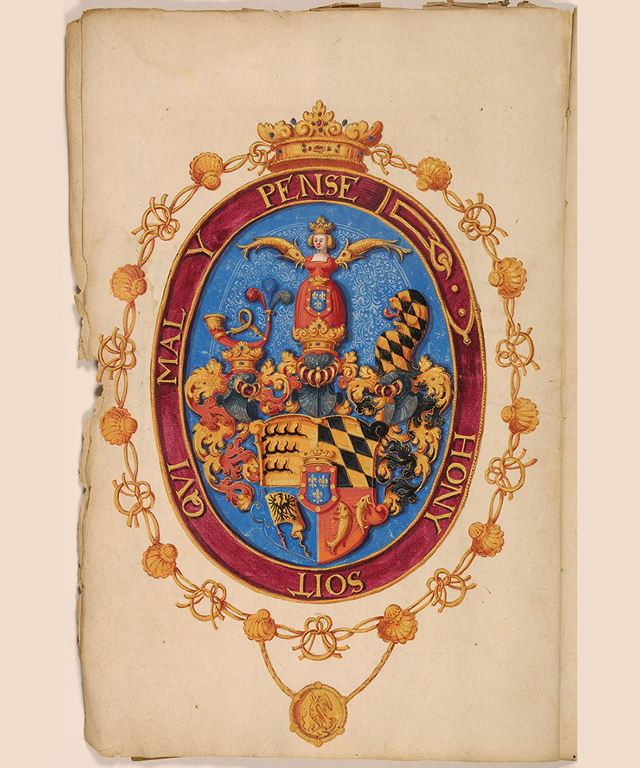 Wappenentwurf von 1607. Das neue, zentrale Element ist der bekrönte Herzschild mit dem Wappen des Herzogtums Alençon. Vorlage: Landesarchiv BW, HStAS 115 Bü 43