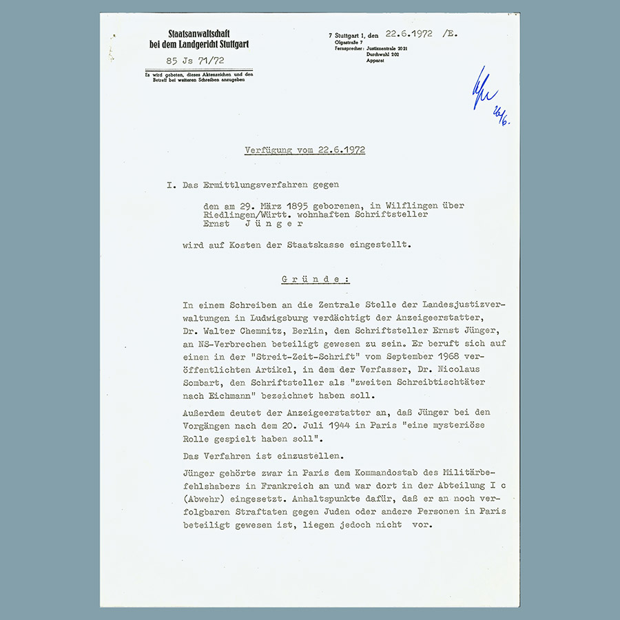 Einstellung des Verfahrens gegen Ernst Jünger wegen angeblicher Beteiligung an NS-Gewaltverbrechen in Frankreich. Vorlage: LABW, StAL EL 317 III Bü 934.
