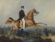 Karl von Hamel, Generalmajor, württ. Stallmeister, auf springendem Pferd in Landschaft, in Zivil mit Hut, Brustbild in Halbprofil