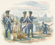 Sappeur-Kompanie 1817, Uniform-Darstellung von Offizier, Pionieren zu Wasser in Booten, Pioniere beim Brückenbau über einen Fluss alle mit Mütze, im Hintergrund Silhouette einer Stadt