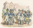 Garde zu Fuss 1810, Uniform-Darstellung von Offizieren mit Dreispitzhut, Soldaten mit Gewehr, Spielleuten mit Trommel, alle mit Mütze, stehend vor altem Schloss in Stuttgart