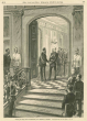 Reichskanzler Otto von Bismarck grüsst König Karl von Württemberg in den Innenräumen der Präfektur von Versailles, hinter Bismarck Generale in Reihe, Bild 1