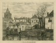 Rückansicht von der Leie aus Ort Meenen: Häuserzeile und Dorfkirche