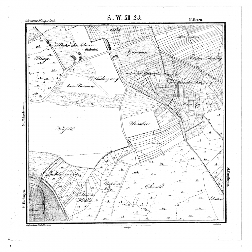 Kartenblatt SW XII 25 Stand 1842 (Betra, Höhenhof, Horb am Neckar, Ziegelhütte, Horb am Neckar)