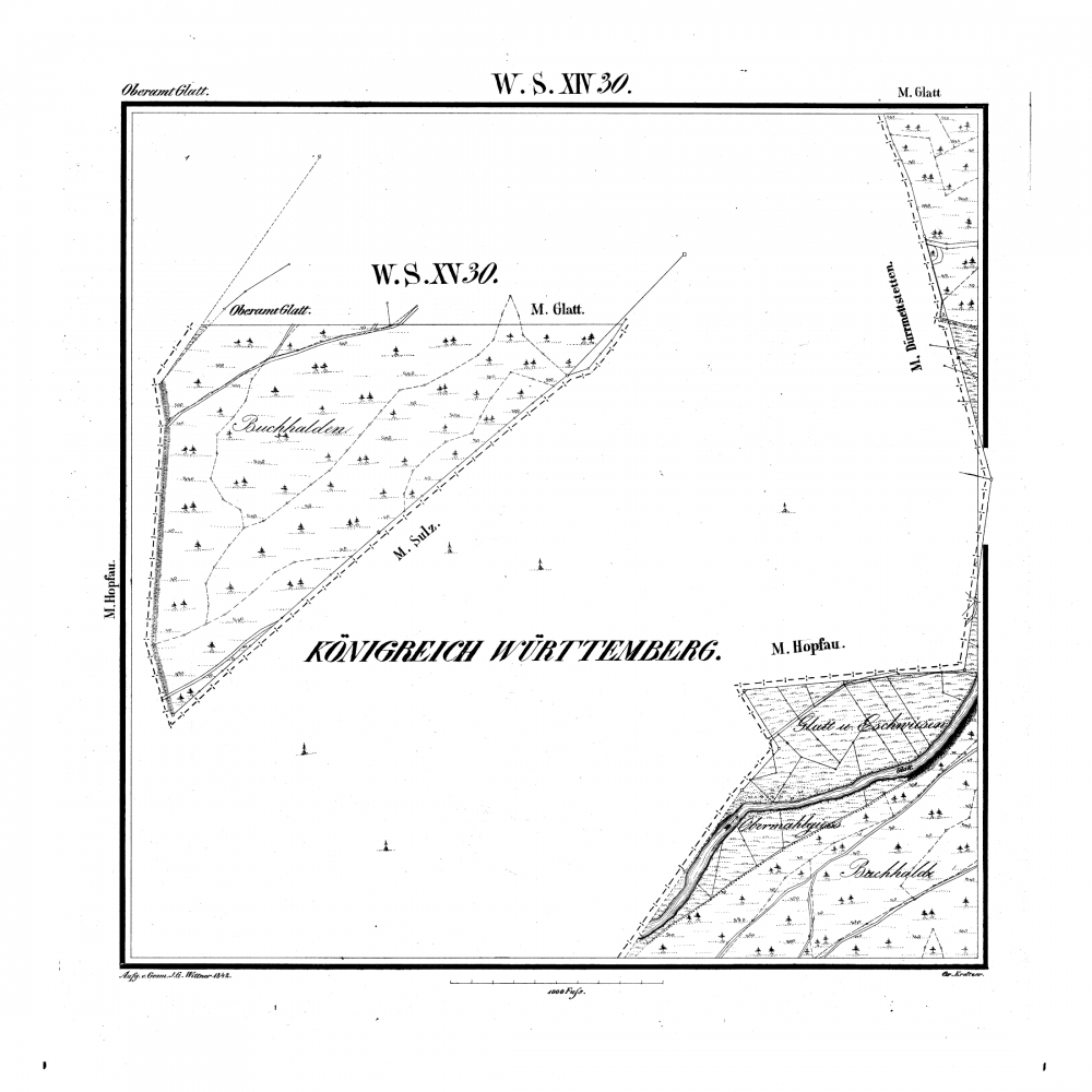 Kartenblatt SW XV 30 Stand 1842 (nur hohenzollerischer Teil) (Hopfau, Ramshalde)