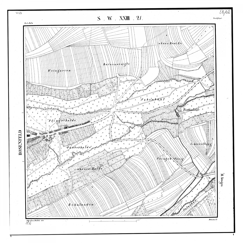 Kartenblatt SW XXIII 21 Stand 1838 (Im Tal, Isingen, Riedmühle, Rosenfeld, Walkmühle)