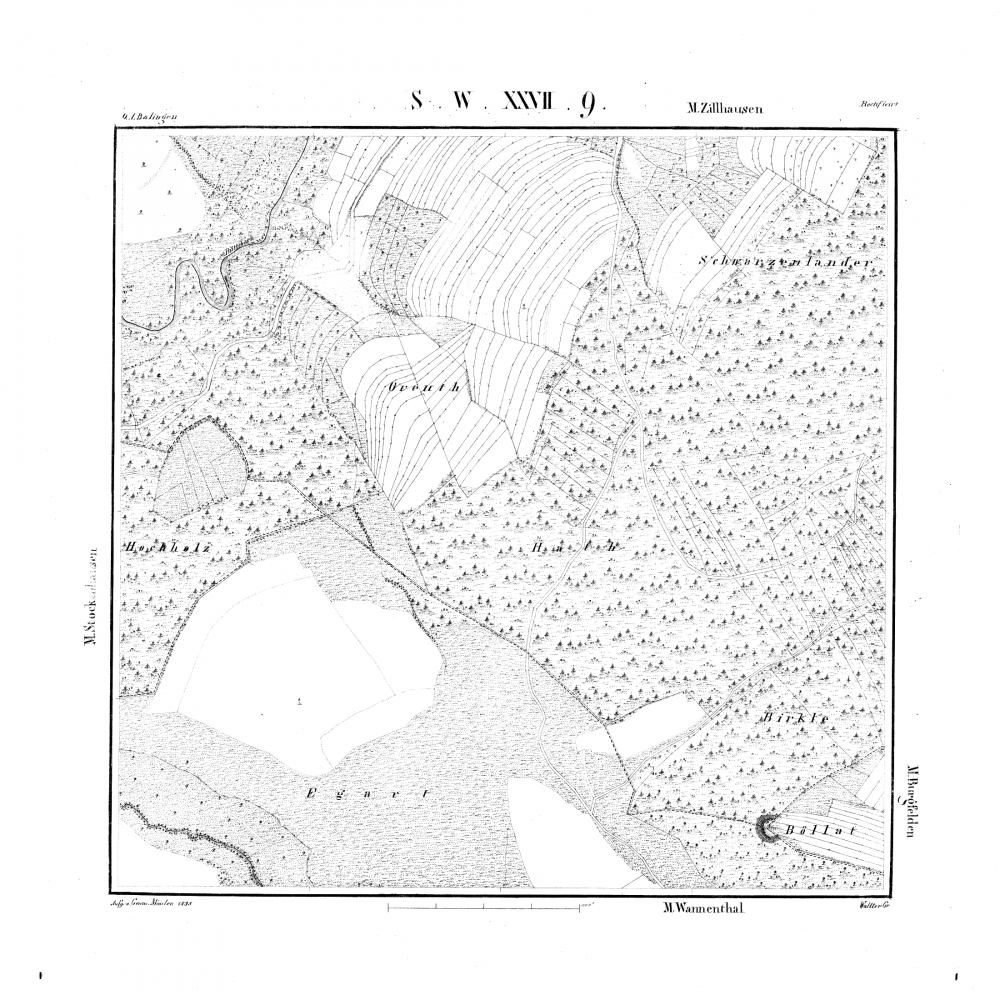 Kartenblatt SW XXVII 9 Stand 1838 (Burgfelden, Zillhausen)