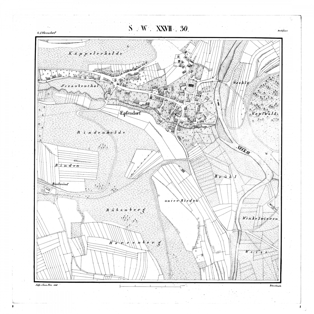 Kartenblatt SW XXVII 30 Stand 1836 (Epfendorf, Harrenberg, Krumme Steige, Rindenhof, Sandbühl, Wasenhäuser)