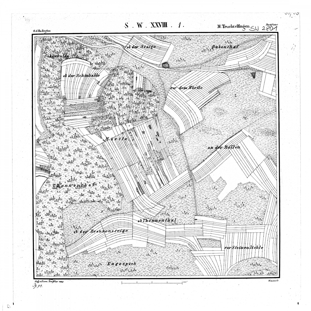 Kartenblatt SW XXVIII 1 Stand 1838 (Ob der Bitzer Steige, Truchtelfingen, Vor dem Härtle)