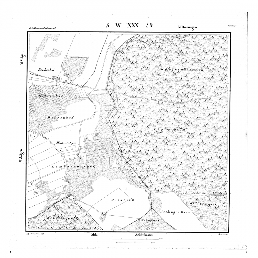 Kartenblatt SW XXX 40 Stand 1836 (Beschenhof, Deisenhof, Hintersulgen, Lamprechtshof)