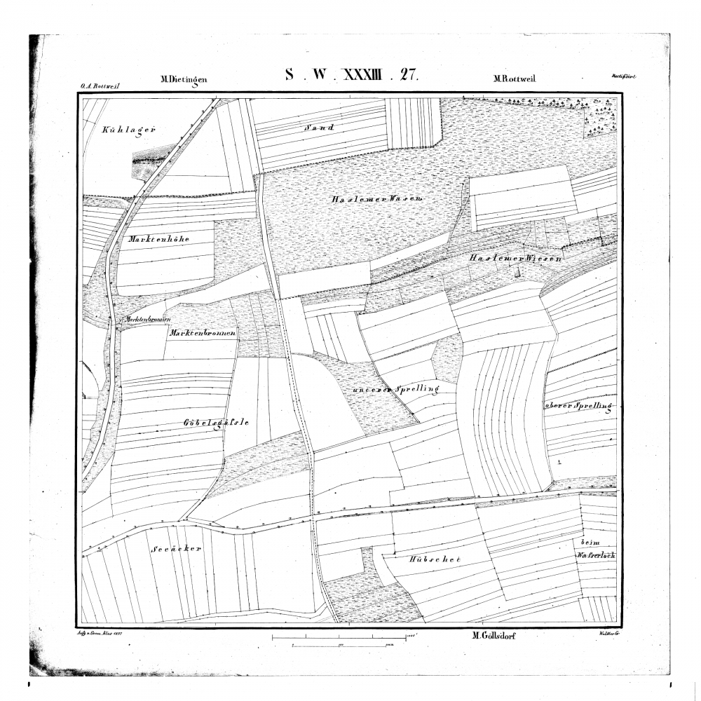 Kartenblatt SW XXXIII 27 Stand 1837 (Balinger Straße, Dietinger Straße, Haslerhof, Rottweil, Marktenhöhe, Römerhof, Schafwasen)