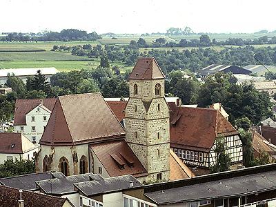 Chor, Turm und Kapellenbau der Spitalkirche. Das Kirchenschiff wurde 1801 abgebrochen, 1995.