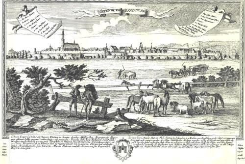 Stadtansicht von Offenburg von 1720 mit Kapuzinerkloster (Nr. 9), Kupferstich von Johann Christian Leopold.