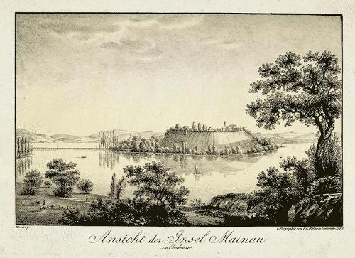 Ansicht der Insel Mainau im Bodensee, Lithographie von C.F. Mueller, 1819.