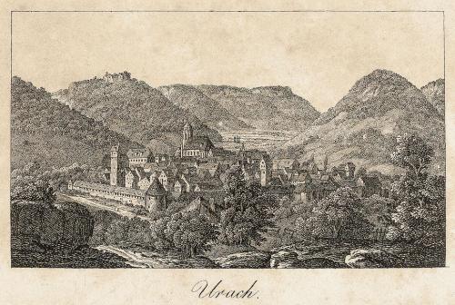 Stadtansicht von Urach mit der Stiftskirche St. Amandus, 1830.