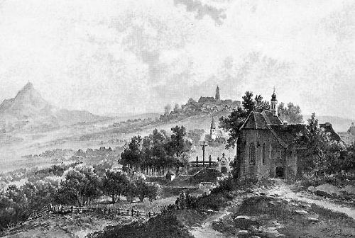 Die Stadt Hechingen mit dem Franziskanerkloster St. Luzen. Aquarell von P.F. Peters, 1855.
