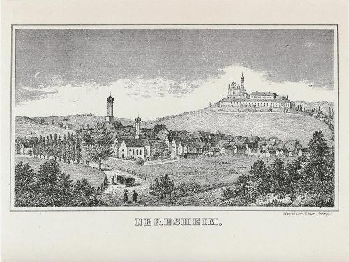 Stadtansicht von Neresheim mit der ehemaligen Klosteranlage auf dem Ulrichsberg, Lithographie 1872.