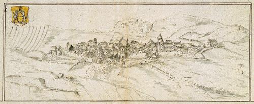 Ansicht der ummauerten Stadt- und Klosteranlage. Bleistiftzeichnung von G. W. Kleinsträttl, um 1660