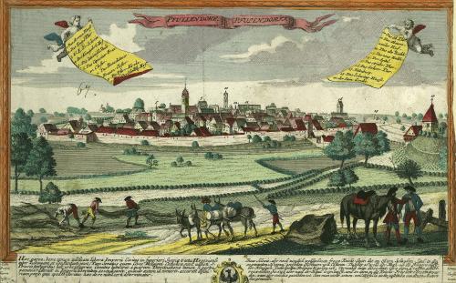 Ansicht von Pfullendorf mit Kapuzinerinnenkloster (siehe Nr. 6) um 1720, Stich von Leopold.