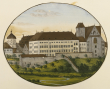 Ehinger Benediktinerkolleg mit Herz-Jesu-Kirche, Aquarell um 1880.