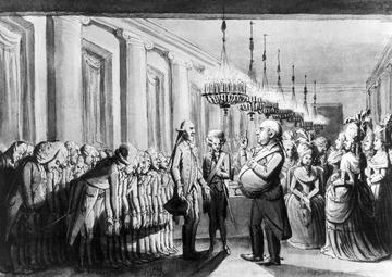 Karikierende Darstellung einer Festlichkeit am Hofe Herzog Carl Eugens von Württemberg, 1793