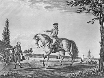 Stuttgart- Hohenheim: Herzog Carl Eugen erteilt einem Baumeister Befehl - Kupferstich von Heideloff 1790