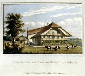Stuttgart-Hohenheim: Kleinhohenheim, Schweizerhaus, Stahlstich um 1840