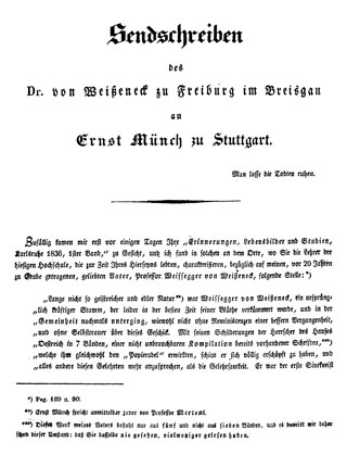 Sendschreiben des Dr. von Weißeneck zu Freiburg im Breisgau an Ernst Münch zu Stuttgart