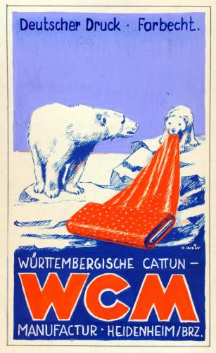 Ein handgemalter Etikettentwurf für die Württembergische Cattunmanufaktur von H. Weiss um 1935 (WABW B 45 Bü 1316)