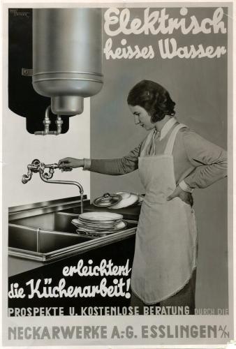 Werbeplakat der Neckarwerke für einen Warmwasserspeicher 1950, Zeichnung: Geo Hecker, Foto: Emil Hatt Stuttgart (WABW B 74 F 21186)